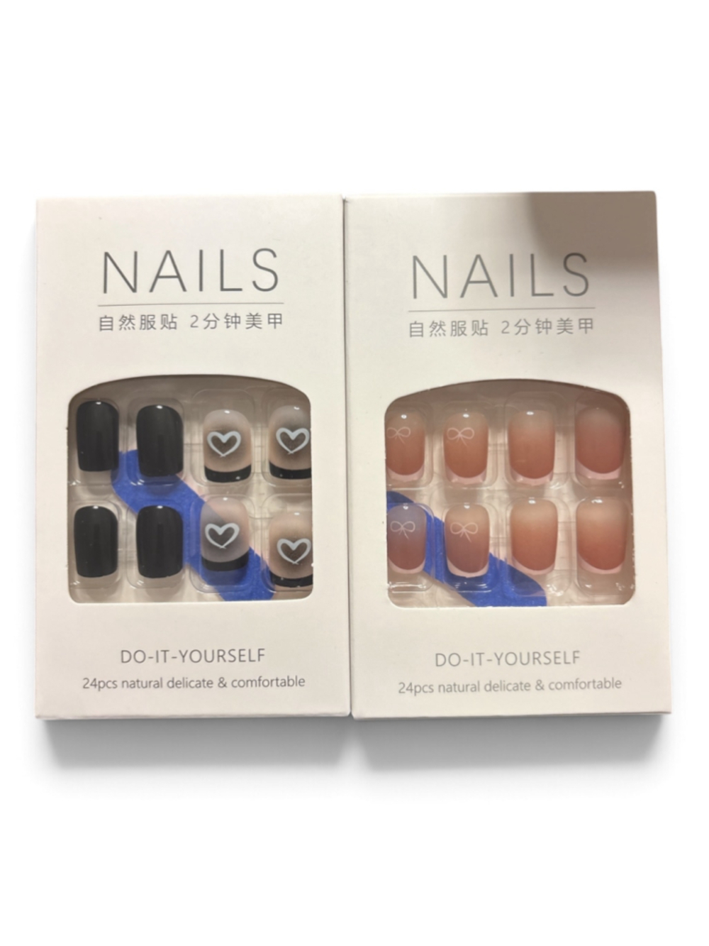 Press-On Nails Set of 2 Black french w heart and Beige French with bow